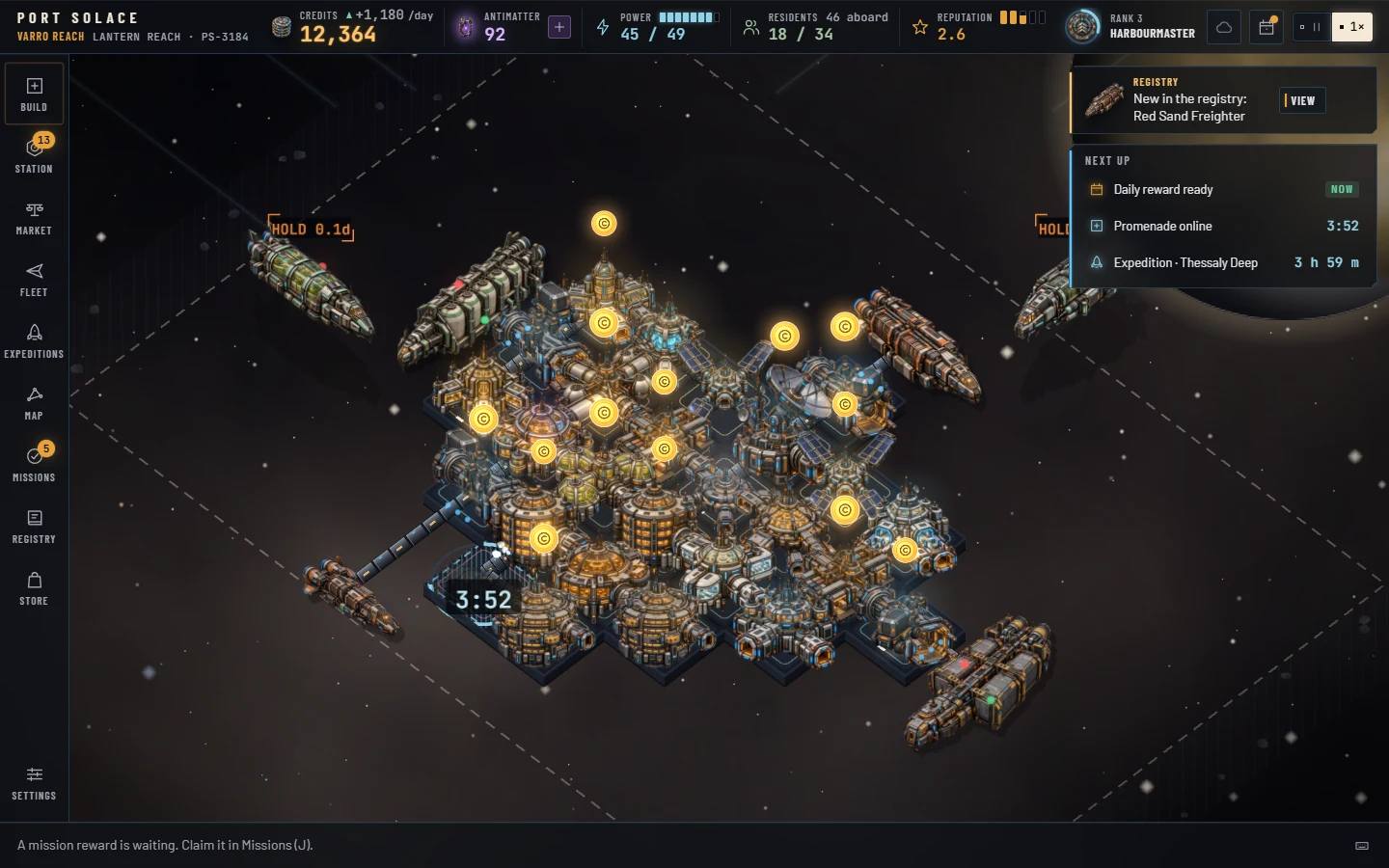 The Port Solace console: the station as a lit diorama of modules with glowing bank chips, ships on approach and the glass panels of the bridge