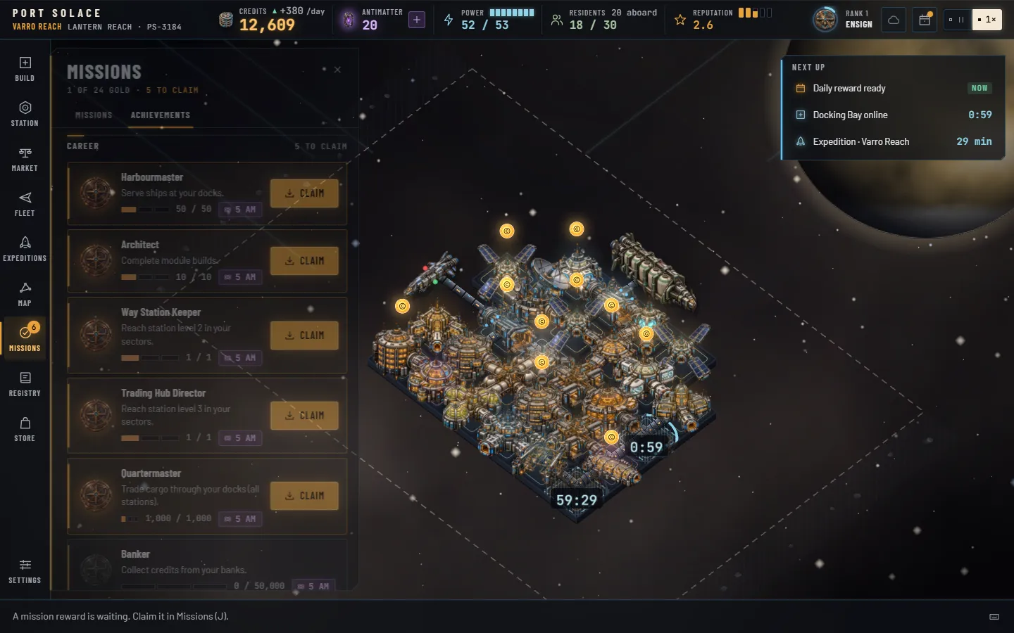 The Missions panel on its Achievements tab: a Career shelf of rows such as Harbourmaster, Architect and Way Station Keeper, each with a bronze medallion, a three-segment tier bar, a progress figure, a 5 AM chip and a Claim button where a tier is ready