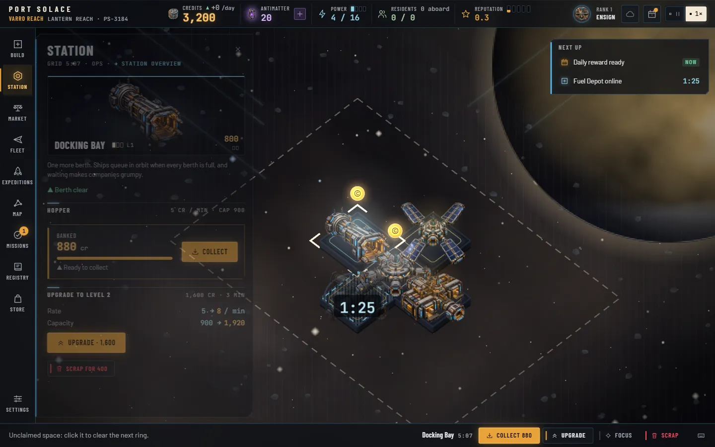 Close up on a selected Docking Bay miniature with a haloed amber coin floating above it and a plain coin above the Core Hub; the Station panel leads with the bay's large render, then the Hopper block with 880 of 900 credits banked, a Collect button, the upgrade to level 2 and Scrap; the context bar offers Collect 880