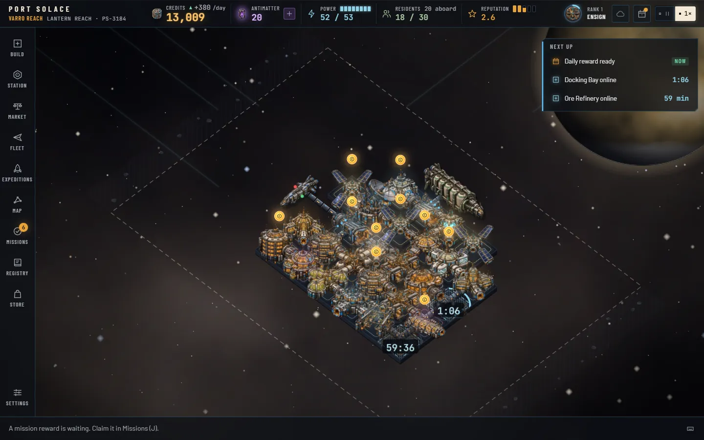 The bridge at 1440 by 900: the status bar with the credit and Antimatter icons and the rank badge, the command rail, a level-3 station laid out on one deck as a diamond grid with every module's render standing on its cell and amber coins floating above the ready banks, a Kestrel courier waiting at the end of a long docking arm and an Ouroboros freighter lying alongside the north bay, a Docking Bay and an Ore Refinery still under construction, and the Next up strip on the right