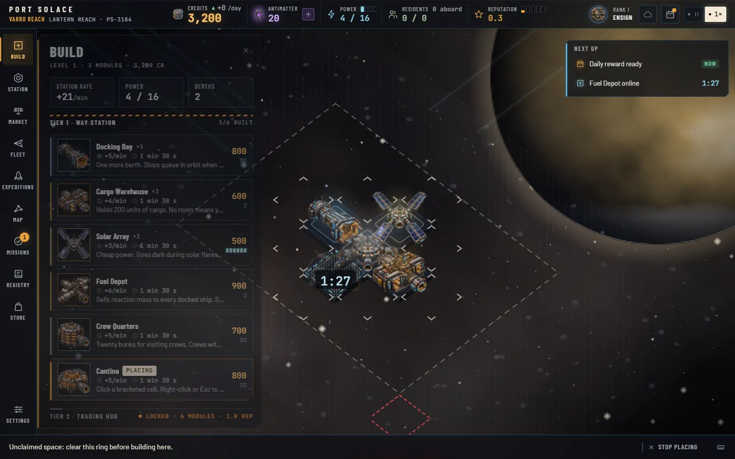 The Build panel beside a young station: tier-1 cards each with the module render, cost, rate per minute, build time and power pips; a Cantina card in placing mode; bracketed valid cells around the hub miniature; a Fuel Depot scaffold with 1:27 left; and a red hatched Unclaimed space marker where the pointer rests outside the plot