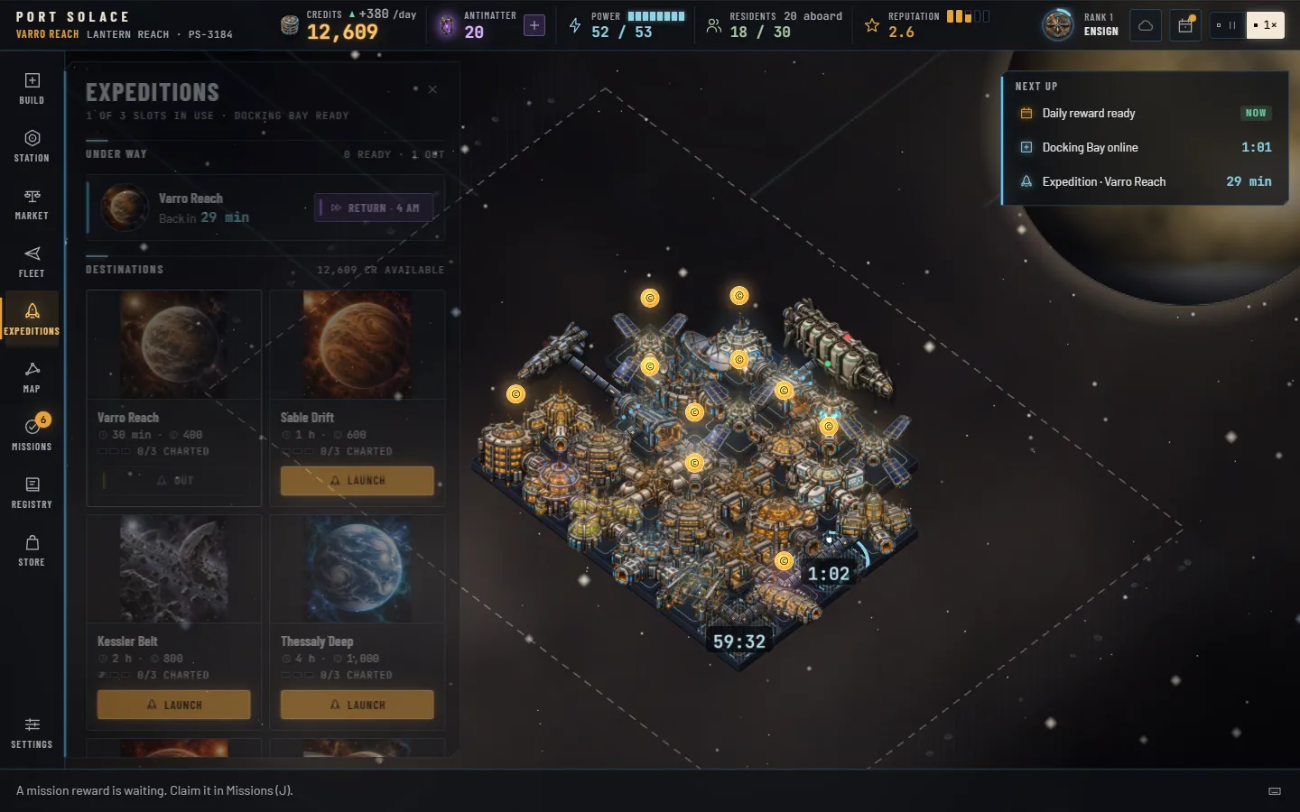 The Expeditions panel: one of three slots in use with a crew out to Varro Reach, back in 29 minutes, a violet Return for 4 AM button, and destination tiles each showing the sector's world with its duration, cost, charts out of three and a Launch button