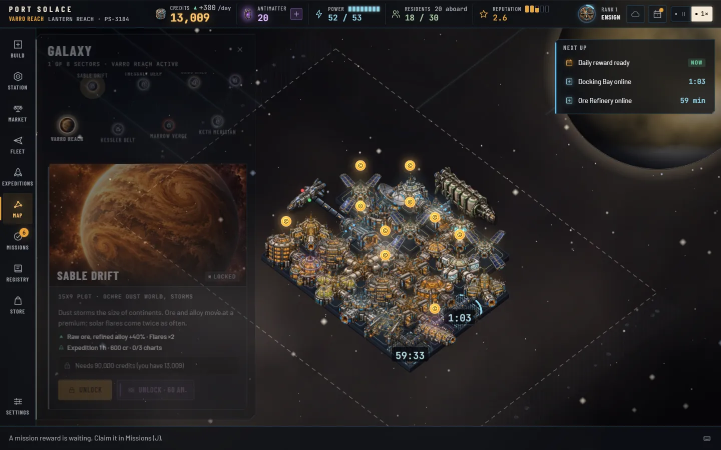 The Galaxy panel: eight sector nodes on a curve, each showing its world, Varro Reach lit and the other seven locked; below, the Sable Drift card with its ochre dust world as a wide hero, a Locked chip, the flavour text, the bias line, the expedition line, the lock text Needs 90,000 credits, and the Unlock and Unlock for 60 AM buttons