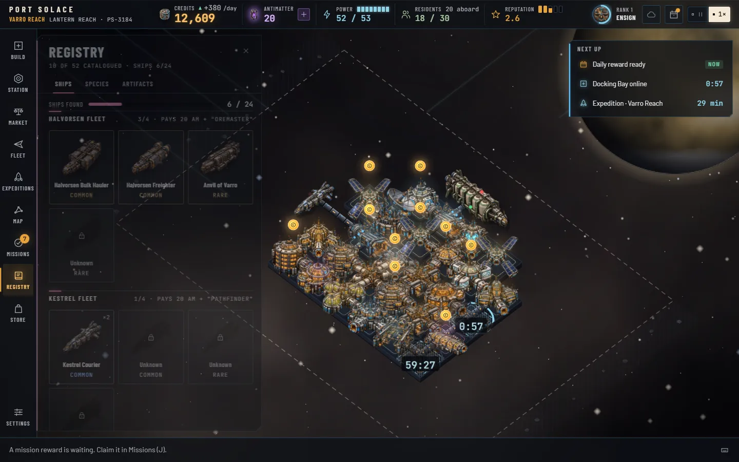 The Registry panel on its Ships tab: Halvorsen Fleet and Kestrel Fleet shelves with ship renders in colour for the hulls found, dark locked cards labelled Unknown for the rest, rarity labels, and each shelf tag saying how many are held and what the set pays