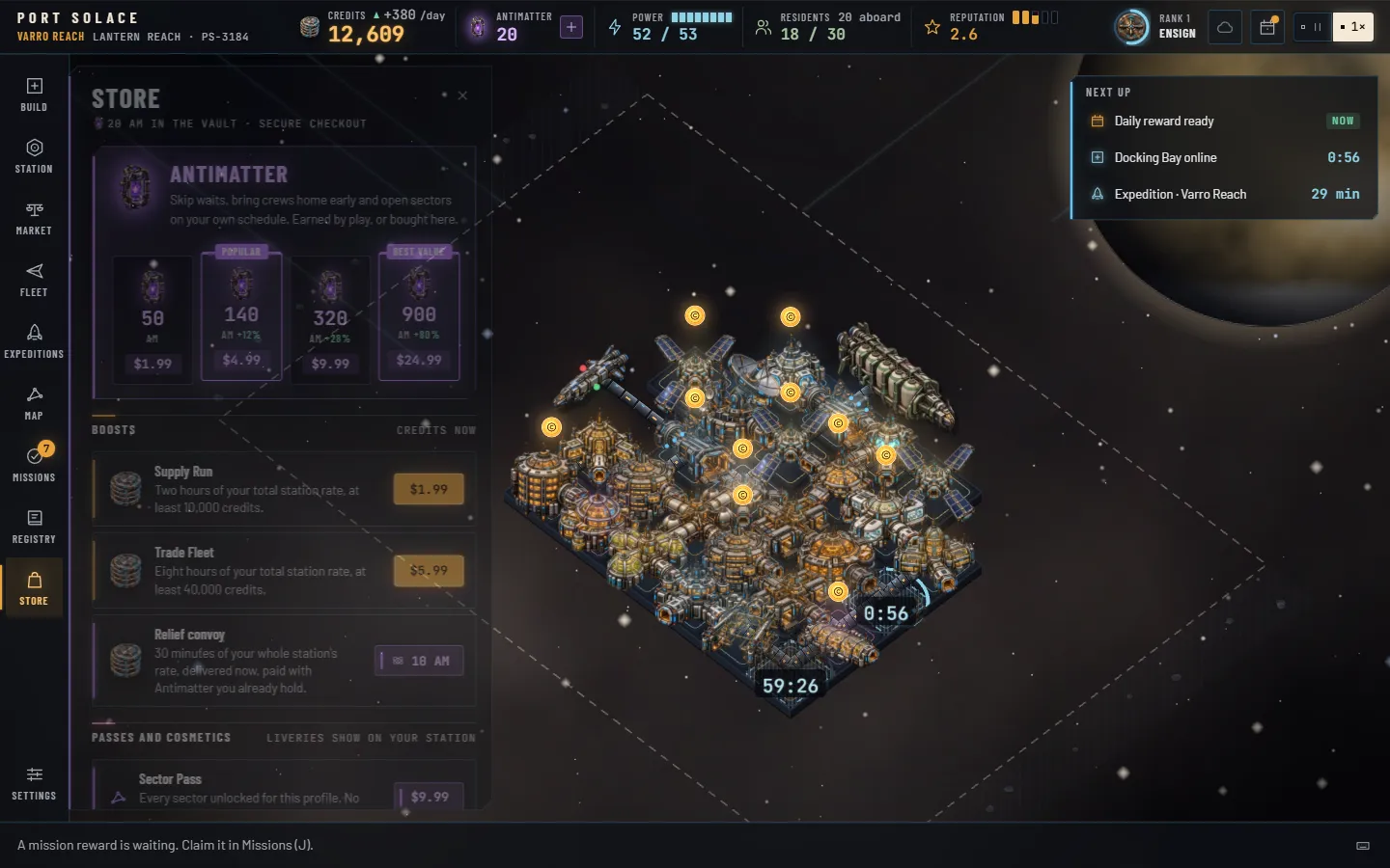 The Store panel: the subtitle 20 AM in the vault, secure checkout; an Antimatter hero with four price tiles of 50, 140, 320 and 900 AM each under the violet vial icon, 140 lifted as Popular and 900 as Best value; Boosts with Supply Run, Trade Fleet and a Relief convoy for 10 AM, each with the credit-stack icon; and Passes and cosmetics with the Sector Pass