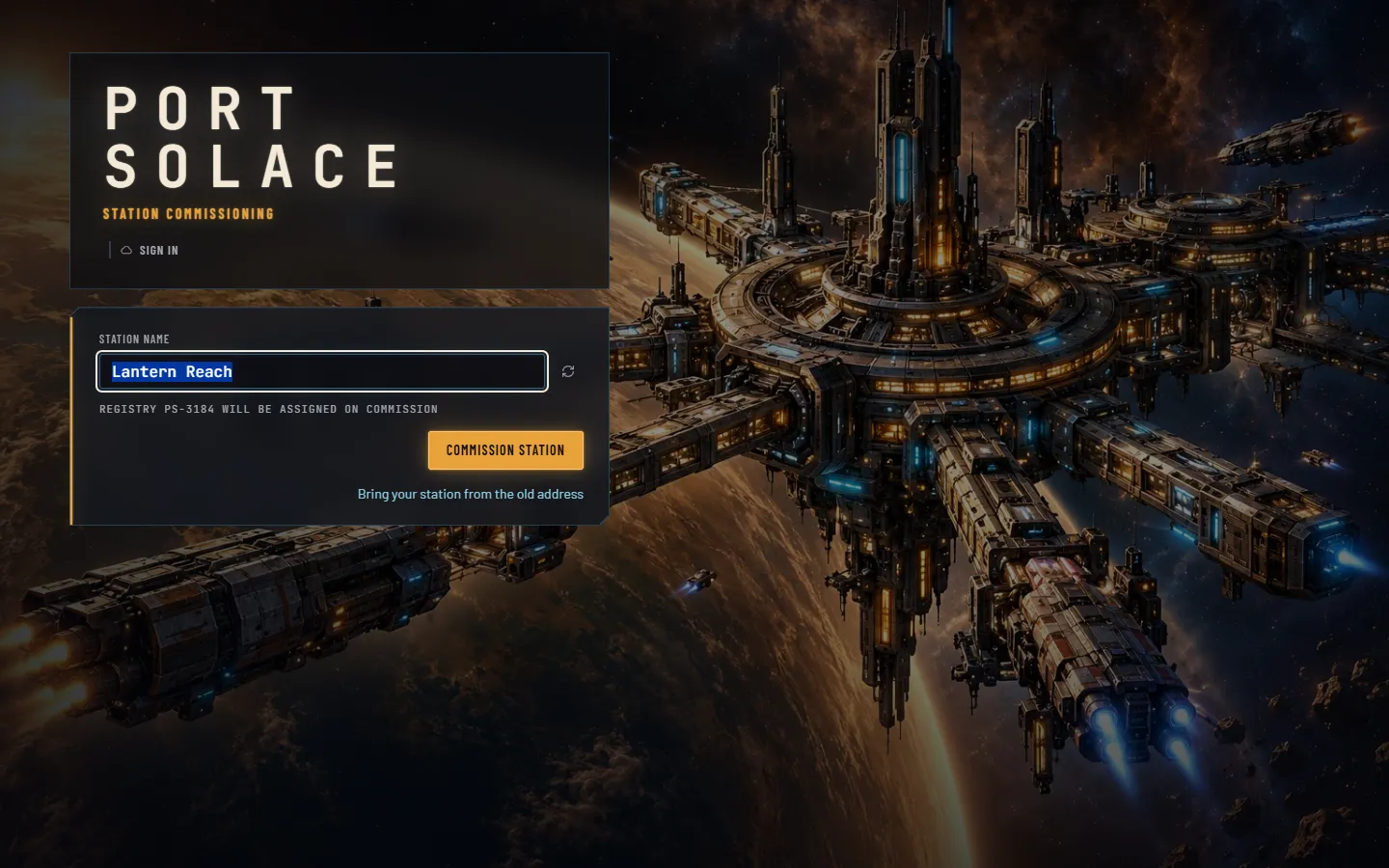 The title screen over the key art: a dark glass band with the wordmark, Station commissioning and a Sign in lozenge; below it the station-name field with a reroll button, the registry line, the Commission station button and a Bring your station from the old address link