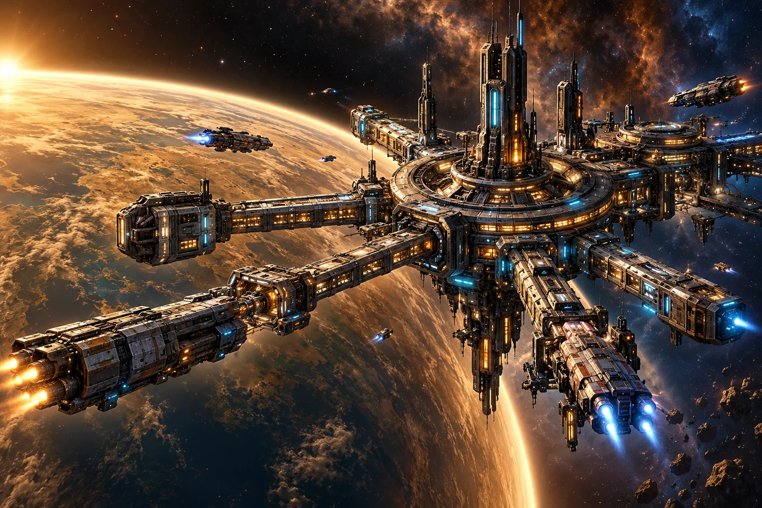 Port Solace key art: a vast lit space station with a central spire and radial docking arms above an amber world, freighters on approach with blue drive flares